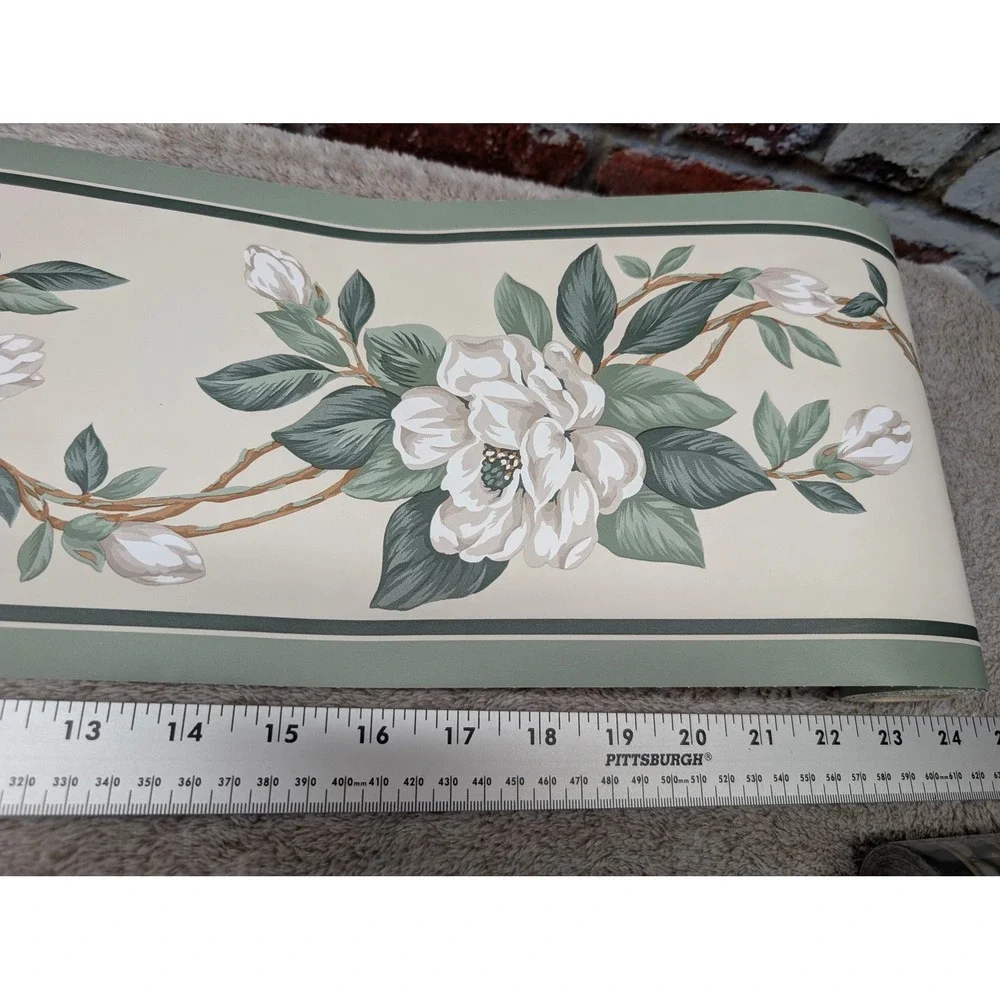 Sunworthy Magnolia Floral Wallpaper Border Sage Green Cream 109209 5 Yards